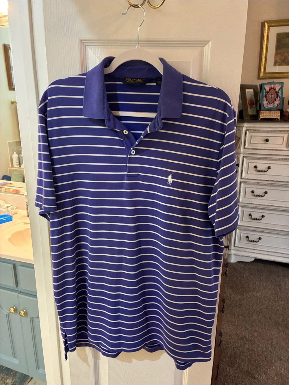 Ralph Lauren Purple and White Striped Polo Shirt SZ M Patch on sleeve